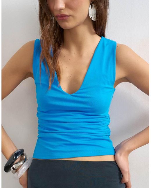 TOPSHOP Blue V-Neck Ruched Side Tank-Multi