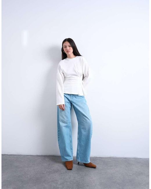 TOPSHOP White Cinch Waist Structured Long Sleeve Tee