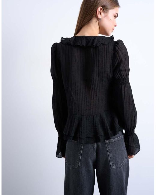 TOPSHOP Black Ruffle Tie Front Long Sleeve Top
