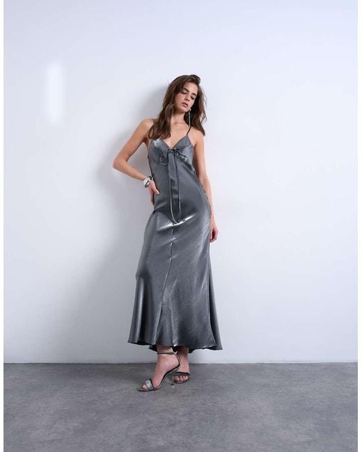 TOPSHOP Blue Halter Tie Neck Liquid Metallic Maxi Slip Dress