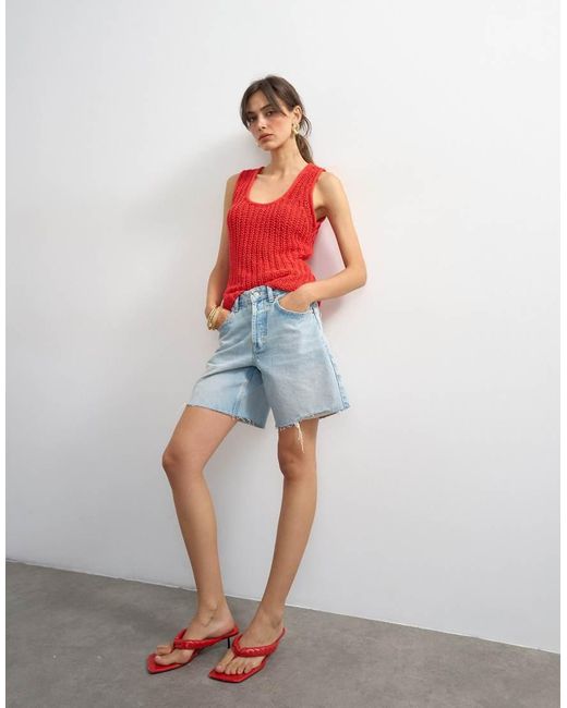 TOPSHOP Red Knitted Low Scoop Crochet Vest Top