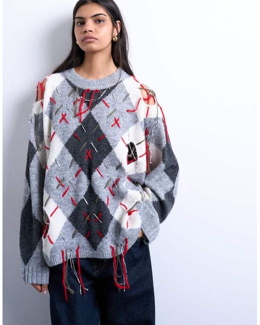 TOPSHOP White Knitted Argyle Distressed Jumper