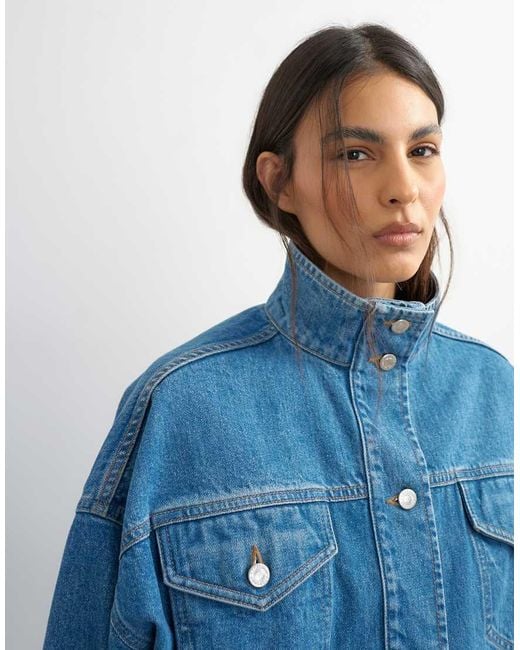 TOPSHOP Blue Funnel Neck Elastic Hem Detail Jacket Mid