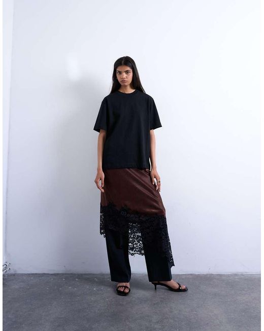TOPSHOP Brown Satin Asymmetric Lace Hem Maxi Skirt
