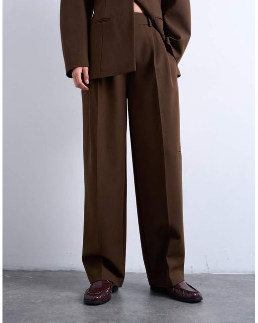 TOPSHOP Brown Co Ord Double Pleat Suit Trouser