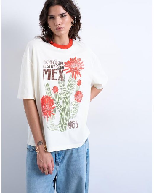 TOPSHOP White Graphic Cactus Contrast Ringer Oversized Tee