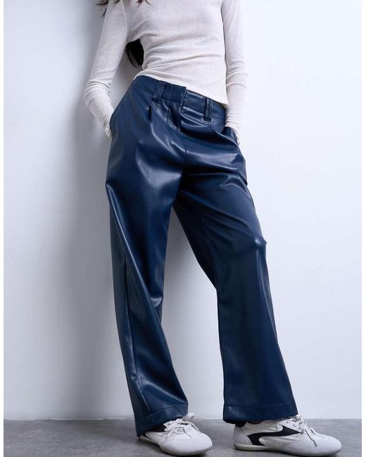 TOPSHOP Blue Faux Leather High Waist Pleated Straight Leg Trouser