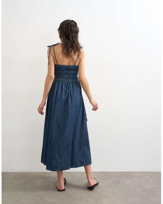 TOPSHOP Blue Denim Shirred Maxi Dress With Straps