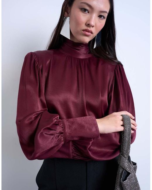 TOPSHOP Red Satin Scarf Blouse