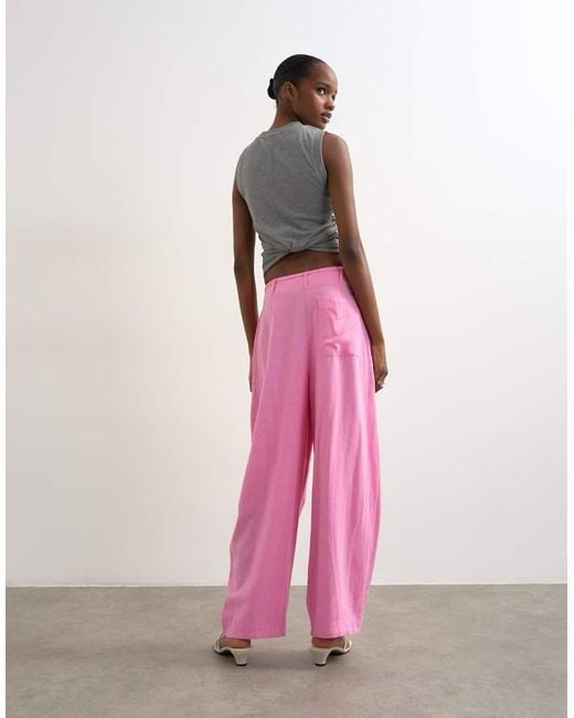 TOPSHOP Pink Linen Clean Tie Waist Barrel Trouser