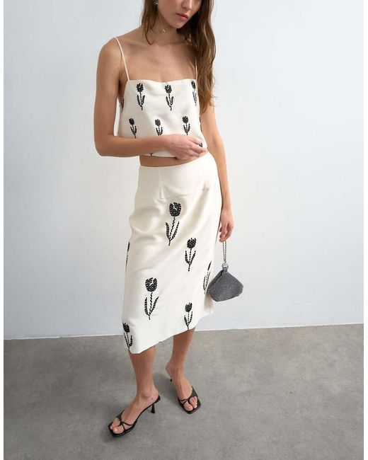 TOPSHOP White Placement Embroidery Satin Midi Skirt