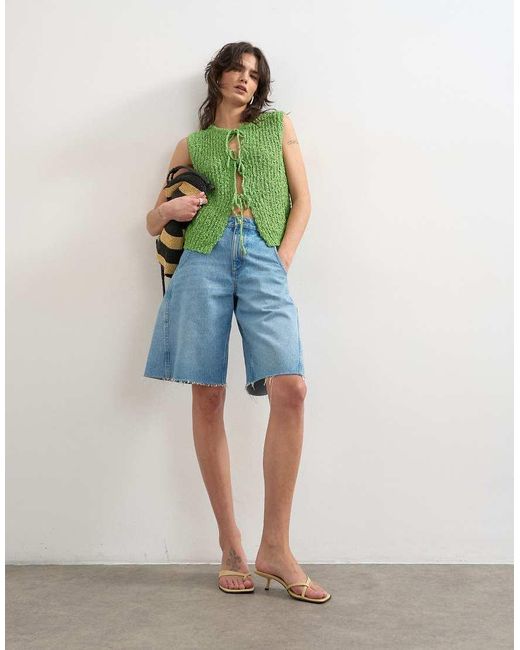 TOPSHOP Green Knitted Textured Tie Front Waistcoat