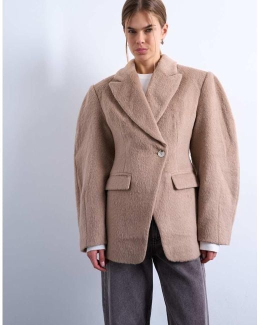 TOPSHOP Natural Brushed Ovoid Sleeve Cinch Waist Blazer Coat