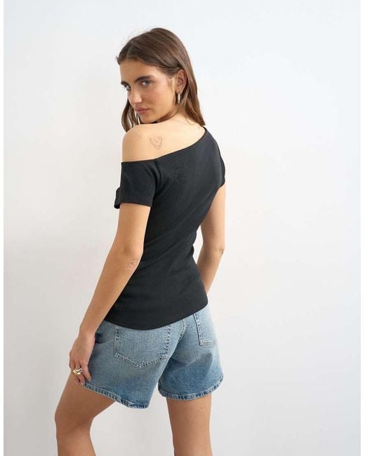 TOPSHOP Black Bardot Button Through Top