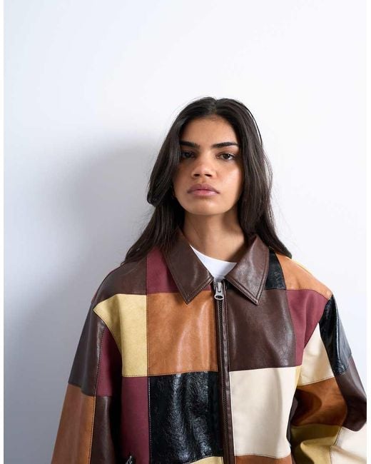 TOPSHOP Multicolor Faux Leather Patchwork Zip Jacket