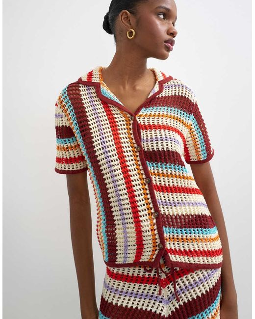 TOPSHOP Brown Knitted Crochet Stripe Co-Ord Shirt