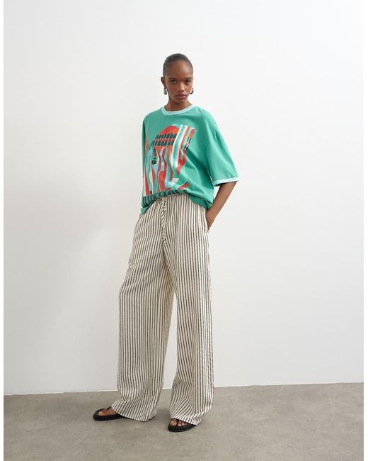 TOPSHOP Green Crinkle Stripe Drawcord Trouser