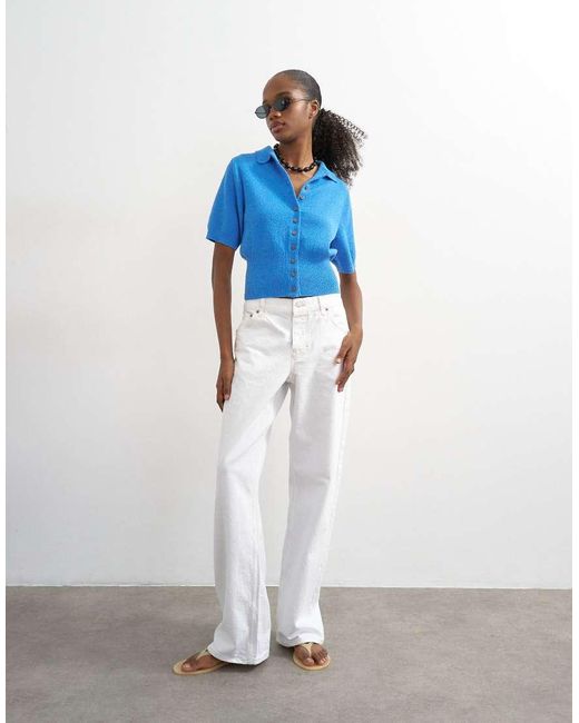 TOPSHOP Blue Fine Knitted Towelling Cinch Waist Polo