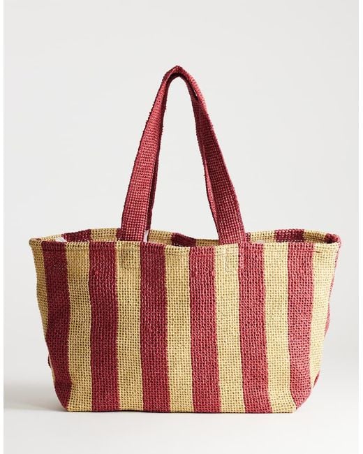 TOPSHOP Red Selia Large Stripe Straw Tote Bag