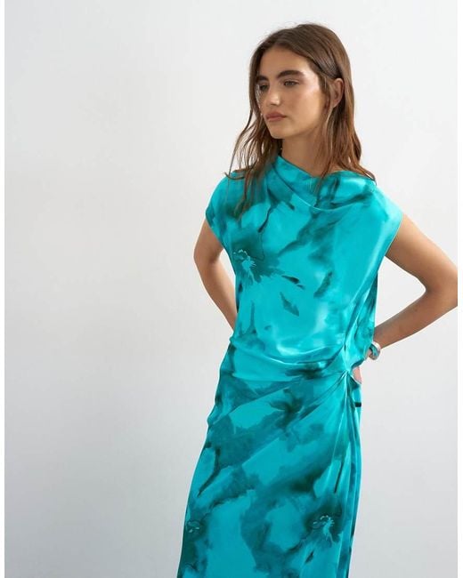 TOPSHOP Blue Satin Grown On Neck Tuck Side Maxi Dress With Open Back