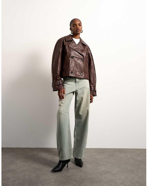 TOPSHOP Brown Faux Leather Ovoid Sleeve Short Trench