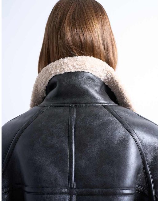 TOPSHOP Blue Super Oversized Vintage Wash Faux Shearling Aviator Bomber Jacket