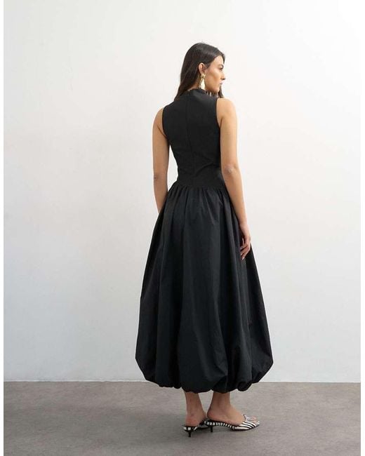 TOPSHOP White High Neck Asymmetric Waist Bubble Hem Maxi Dress