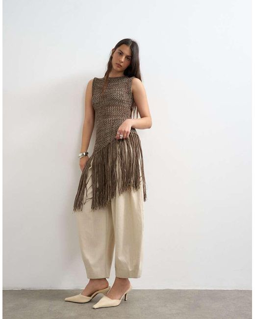 TOPSHOP Natural Knit Sleeveless Tape Fish Net Asymmetric Fringing Tassel Top