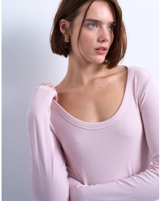 TOPSHOP White Premium Rib Long Sleeve Wide Scoop Neck Top