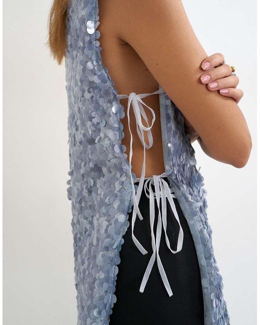 TOPSHOP Blue Mixed Sequin Tie Side Tunic Top