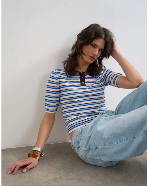 TOPSHOP Blue Knitted Short Sleeve Fitted Stripe Polo Top