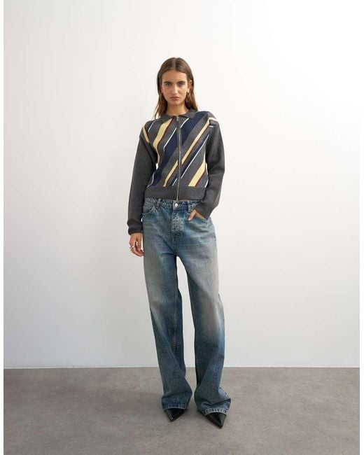 TOPSHOP Blue Knitted Asymmetric Stripe Jacket