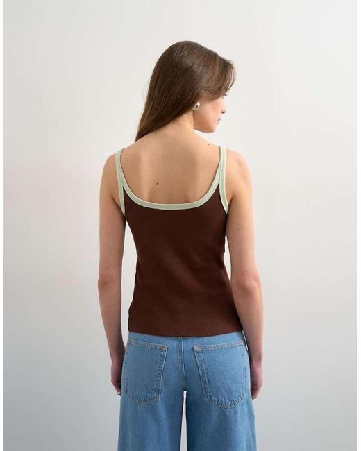 TOPSHOP Brown Contrast Rib Scoop Skinny Strap Vest