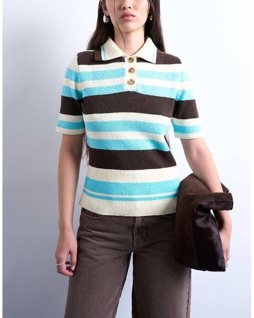 TOPSHOP Blue Knitted Cinched Polo Top