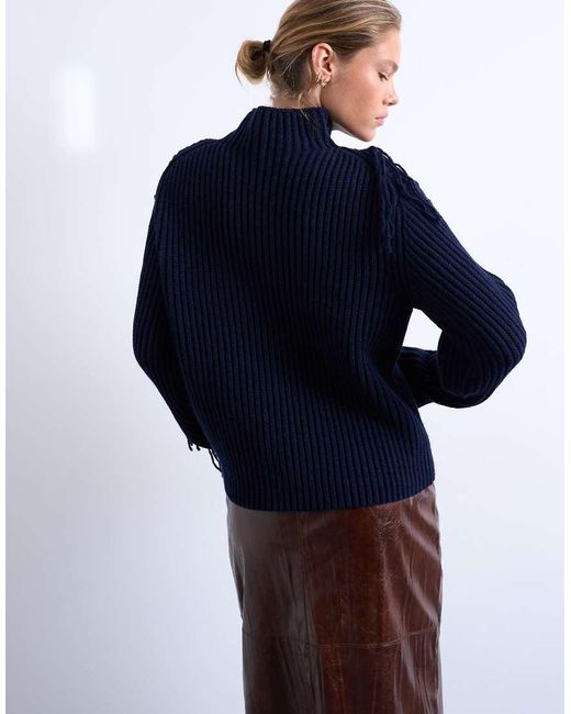 TOPSHOP Blue Knitted High Neck Fringe Jumper