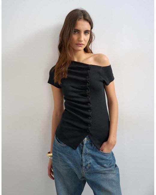 TOPSHOP Black Bardot Button Through Top