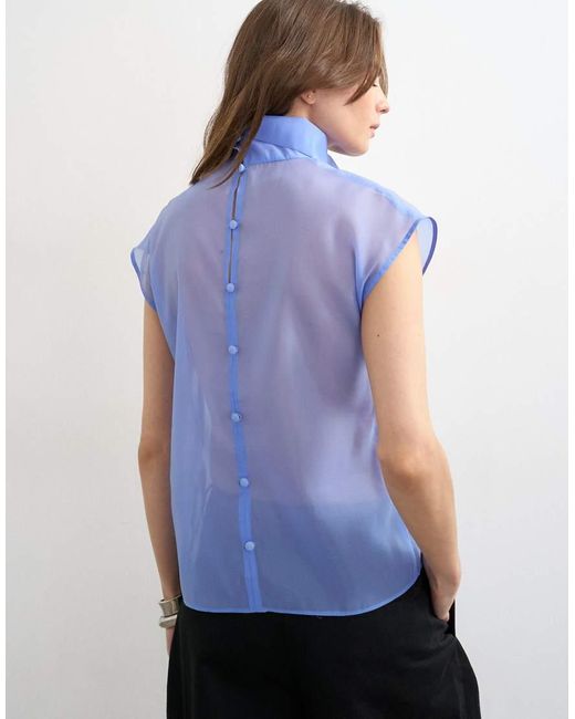 TOPSHOP Blue High Neck Grown On Shoulder Sheer Organza Top