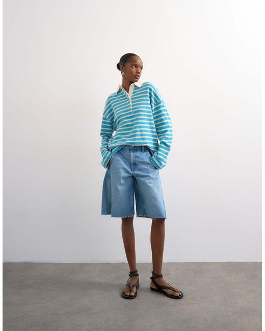 TOPSHOP Blue Terrycloth Stripe Long Sleeve Polo
