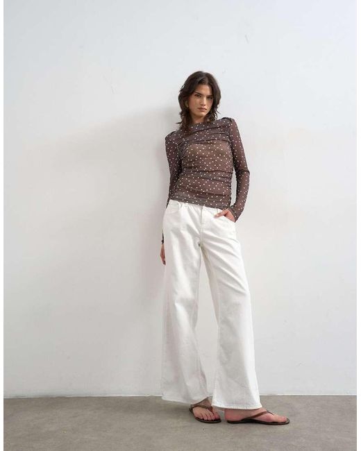 TOPSHOP Brown Mesh Slash Neck Long Sleeve Top