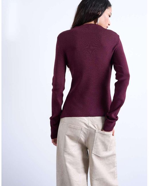 TOPSHOP Purple Knit Ruffled Button Front Long Sleeve Top