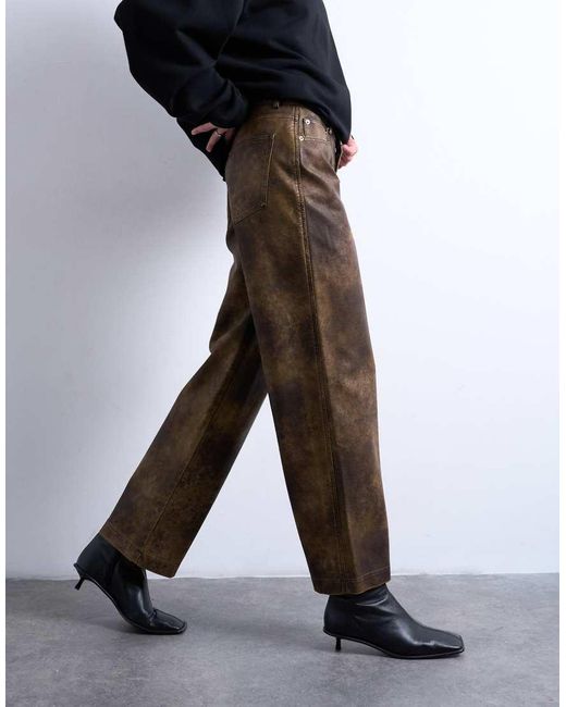 TOPSHOP Brown Faux Leather Washed Straight Leg Trouser