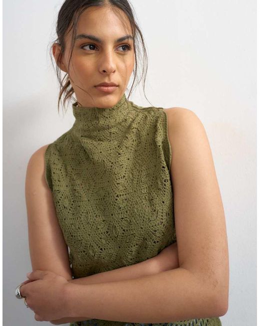 TOPSHOP Green Knitted Crochet Shape Top