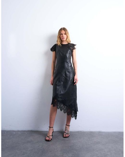 TOPSHOP White Leather Lace Insert Grown On Shoulder Midi Dress