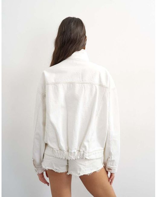 TOPSHOP White Denim Funnel Neck Elastic Hem Detail Jacket