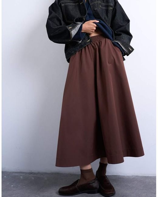 TOPSHOP Brown Full Circle Midi Skirt With Elasticated Waist