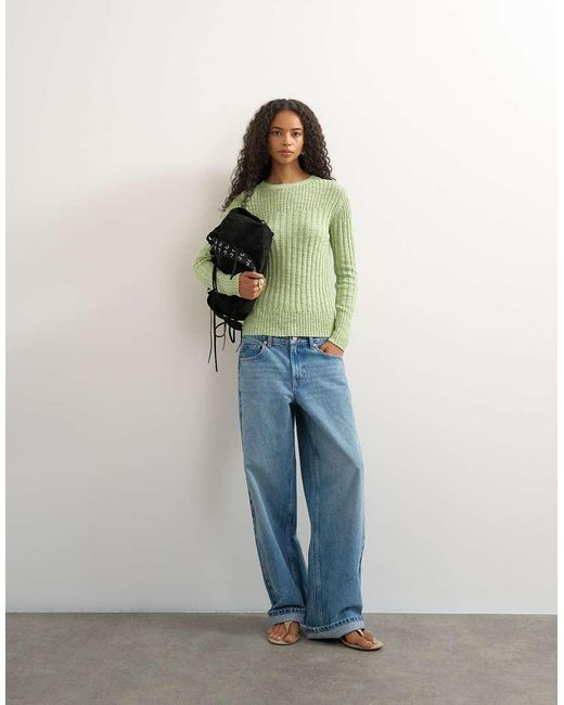 TOPSHOP Green Knitted Long Sleeve Slim Fit Crew Neck Ribbed Top