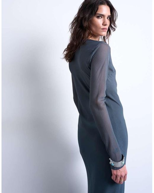TOPSHOP Blue Slash Neck Chiffon Maxi Dress