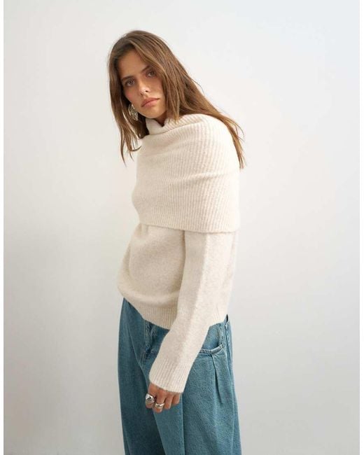 TOPSHOP Natural Knitted Wool Blend Deep Fold Bardot Jumper