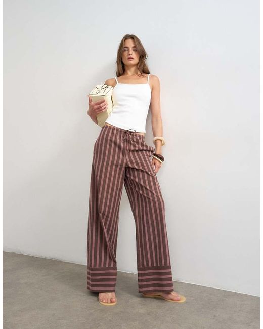 TOPSHOP Brown Stripe Tie Waist Wide Leg Trouser