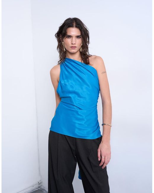 TOPSHOP Blue One Shoulder Top With Drape Back